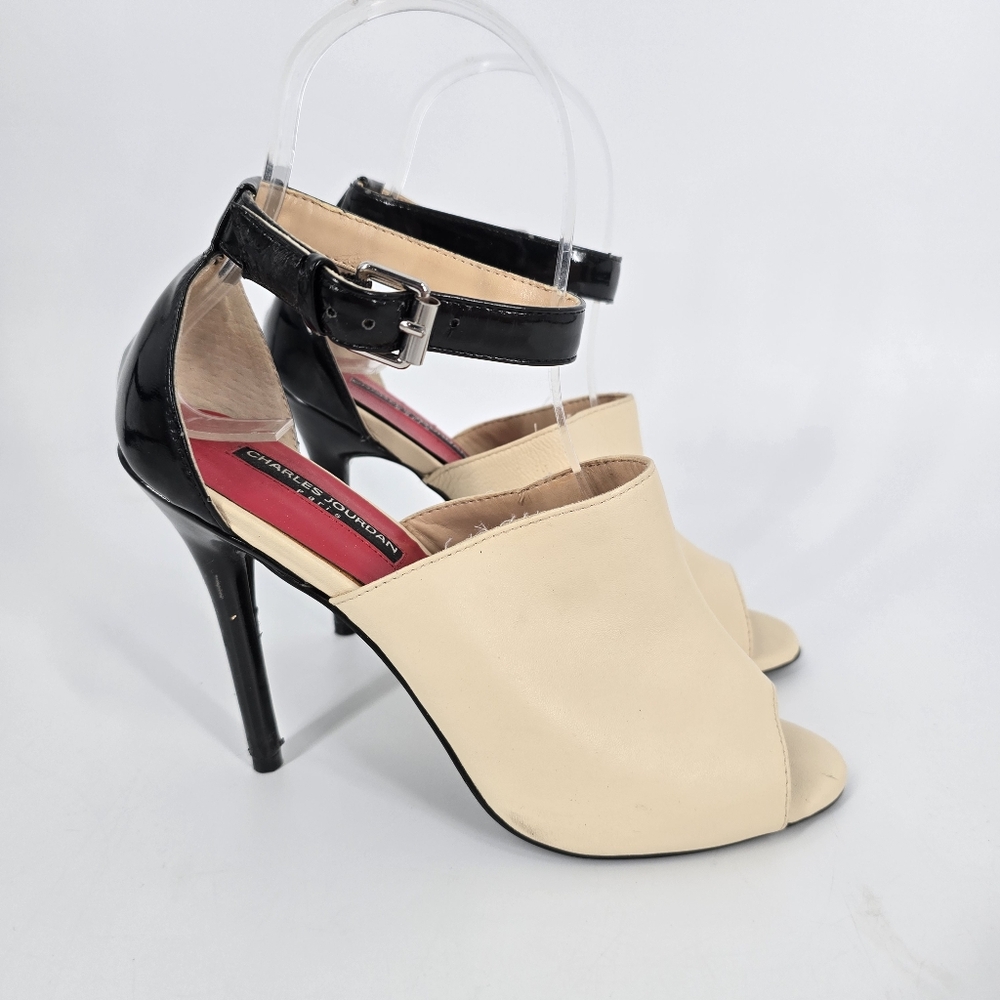Charles Jourdan Colorblock Leather Black Cream Peep Toe Heels Size 7